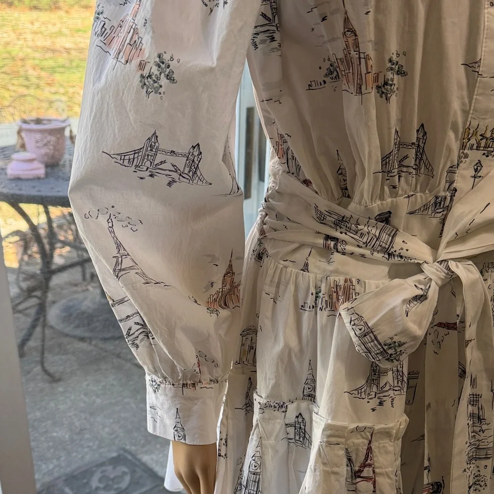 En Saison Travel Print Dress with Puff Sleeves, Tie Waist, Medium - Picture 4 of 13